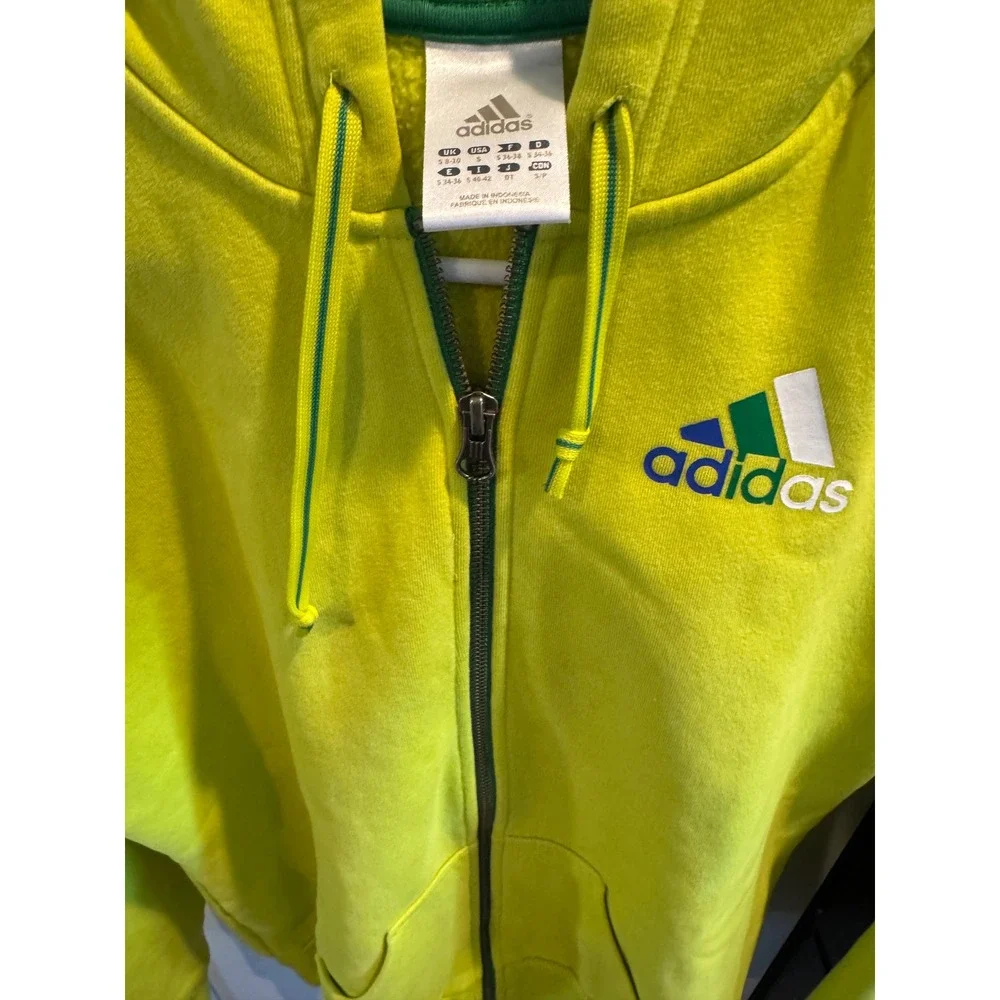 Adidas Full Zip Hoodie Lime Yellow Green Stripes Fleece Sweatshirt Mens Small